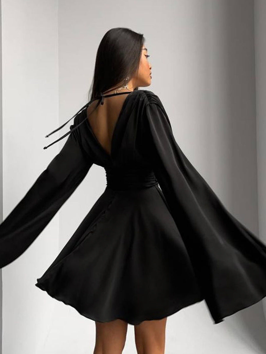 Women Fashion Sexy Deep V Acetic Satin Flare Sleeve Dress