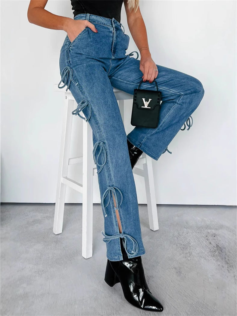 Jean droit rétro avec nœud pour femme, bleu saphir