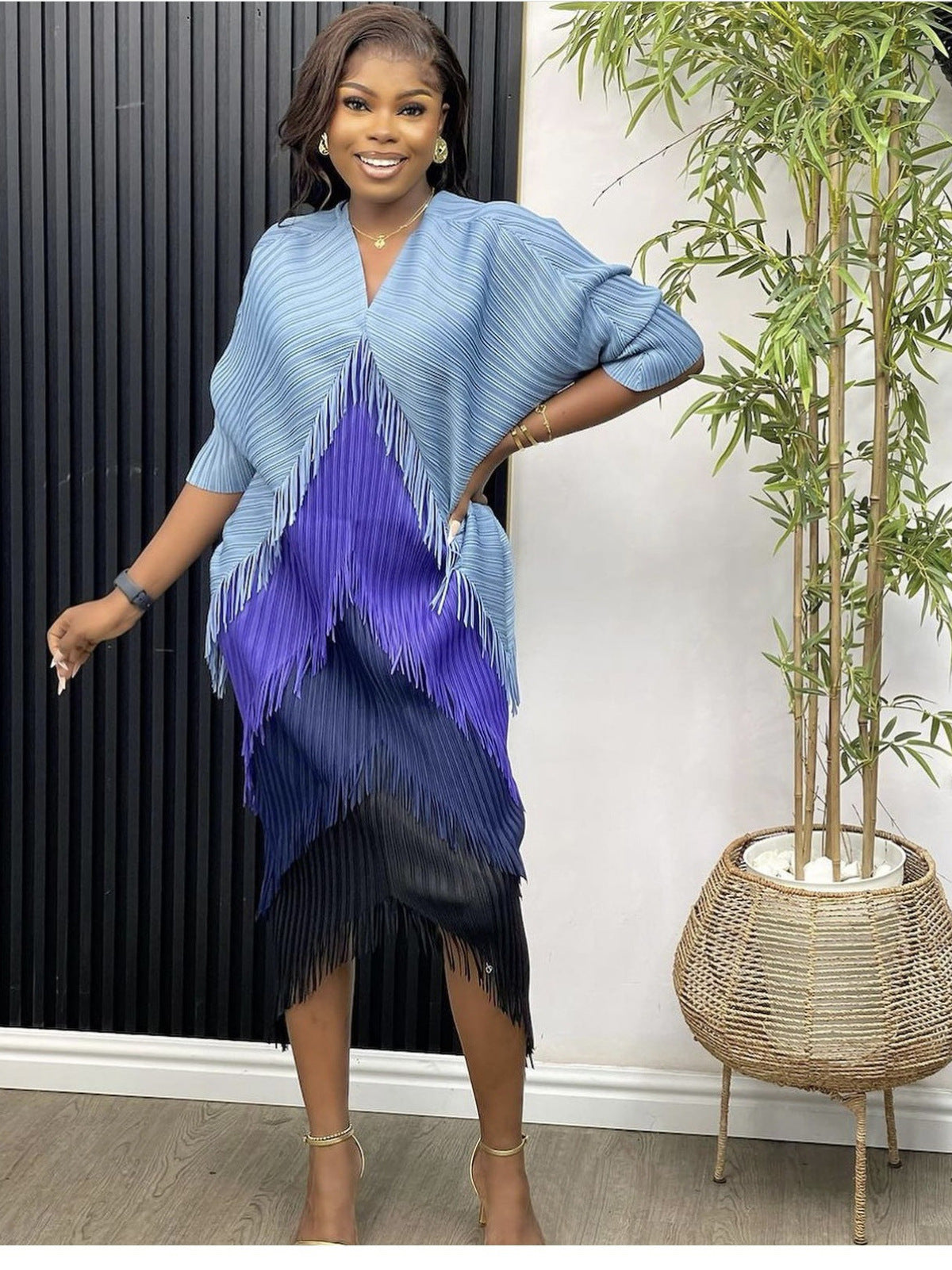 African Women Fashion Pleated Color Matching Dress