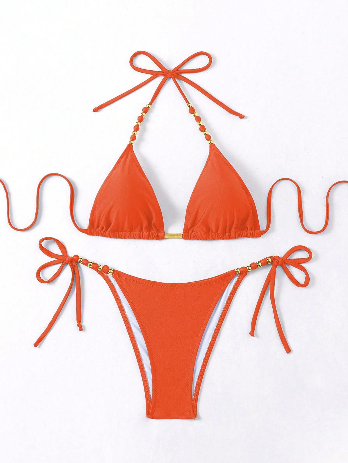 Bikini sexy de cuello halter de color sólido a la moda para mujer