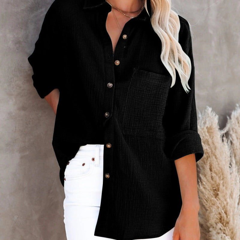 Blusa informal de manga larga con cuello en V y botones para mujer