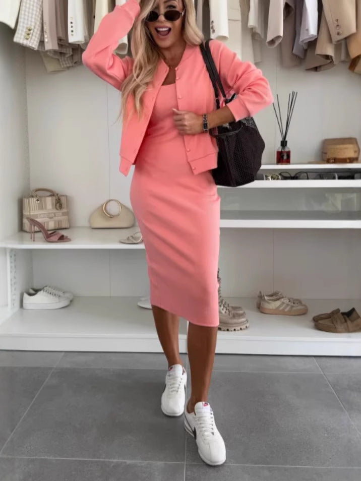Women Solid Color Long Dress with Cardigan Top Set