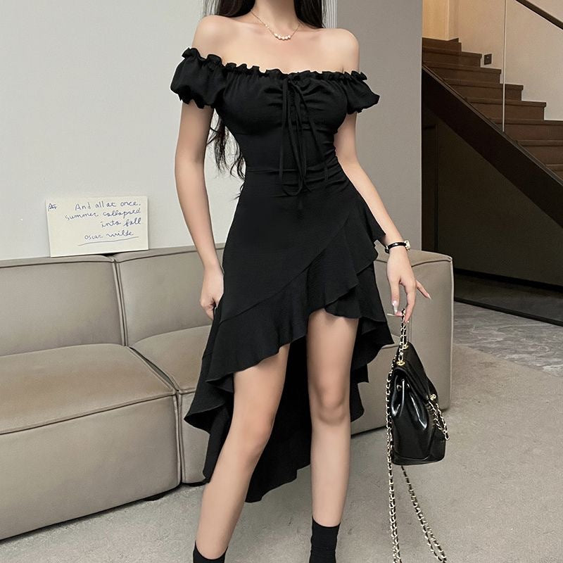 Robe sexy noire à volants et épaules dénudées pour femme
