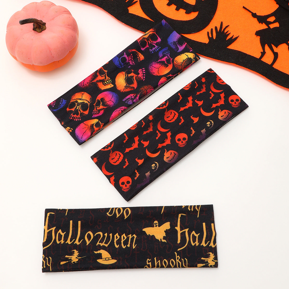Bandeau de yoga pour cheveux en tissu éponge motif crâne d'Halloween, citrouille et toile d'araignée