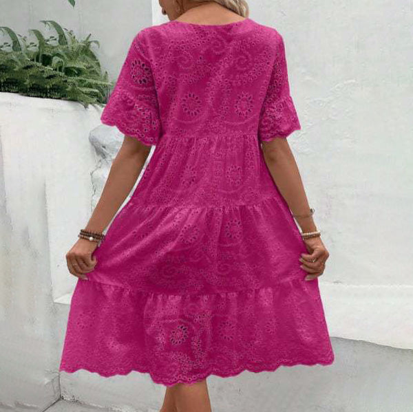 Robe décontractée à manches courtes en coton et dentelle pour femme