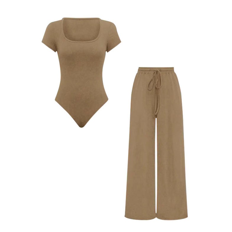 Women’s Solid Color Rib-Knit Bodysuit Pants Set