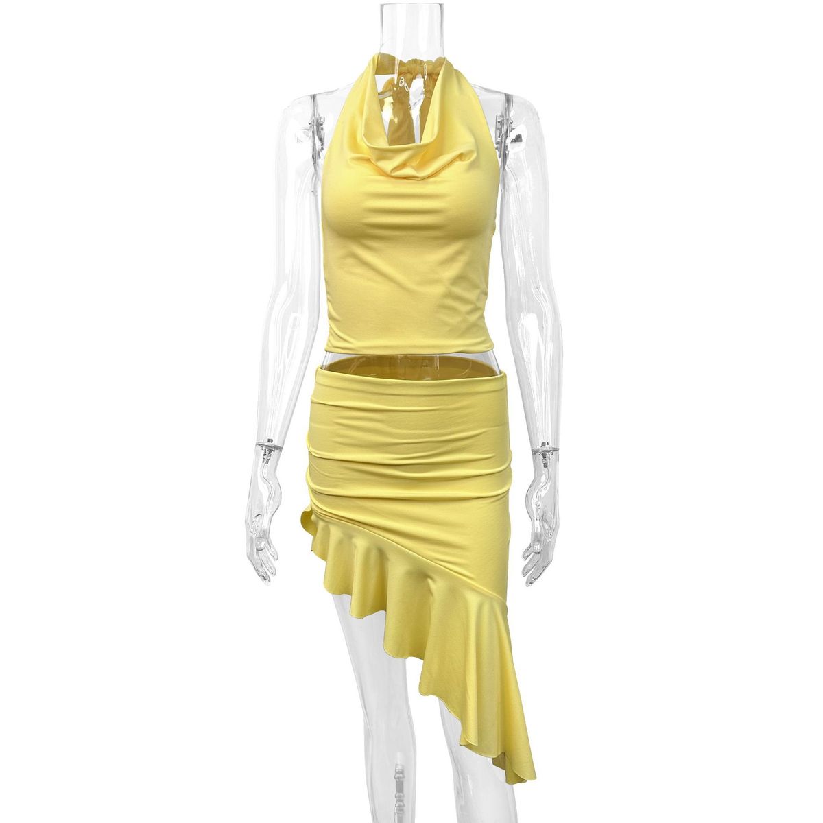 Women Solid Color Halter Top and Skirt Two-Piece Set