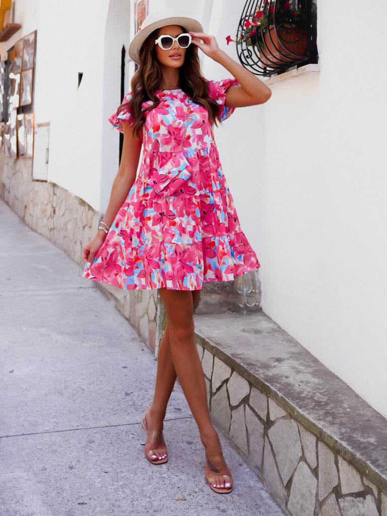 Vestido bohemio elegante de verano con volantes florales para mujer