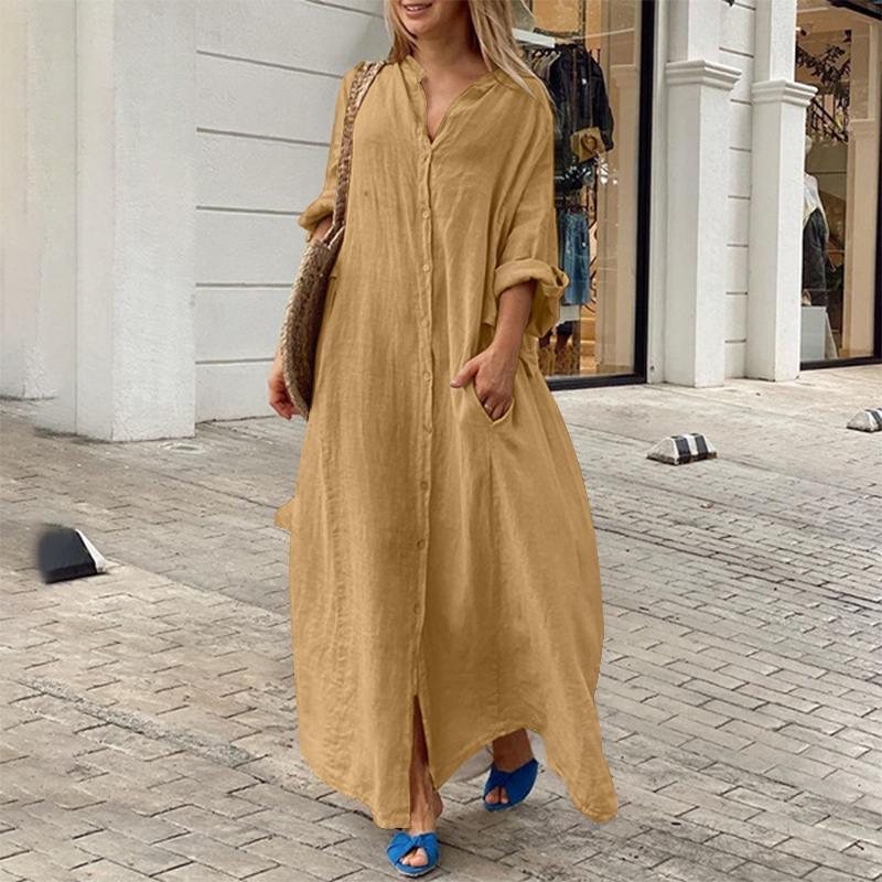 Women Fashion Casual Solid Color Pocket Maxi Dress