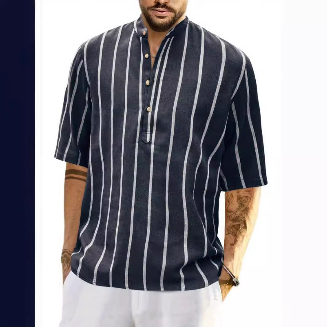 Men's Casual Linen Stripe Lapel Short Sleeve Shirt