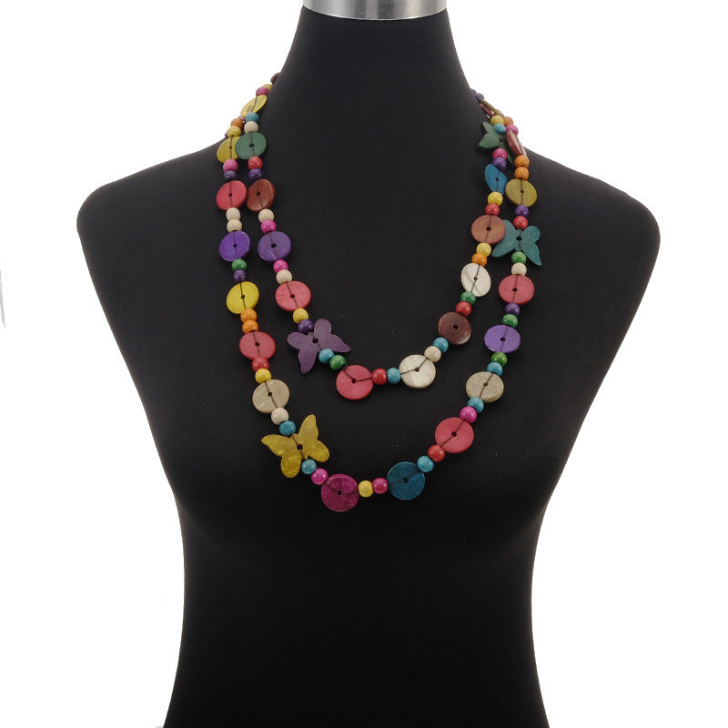 Collar largo bohemio de cuentas de madera tejidas para mujer
