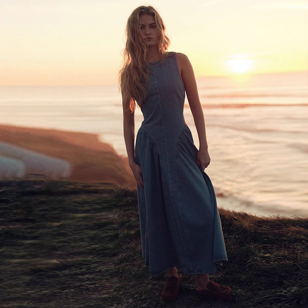 Women Fashion Sexy Solid Color Sleeveless Backless Denim Dress