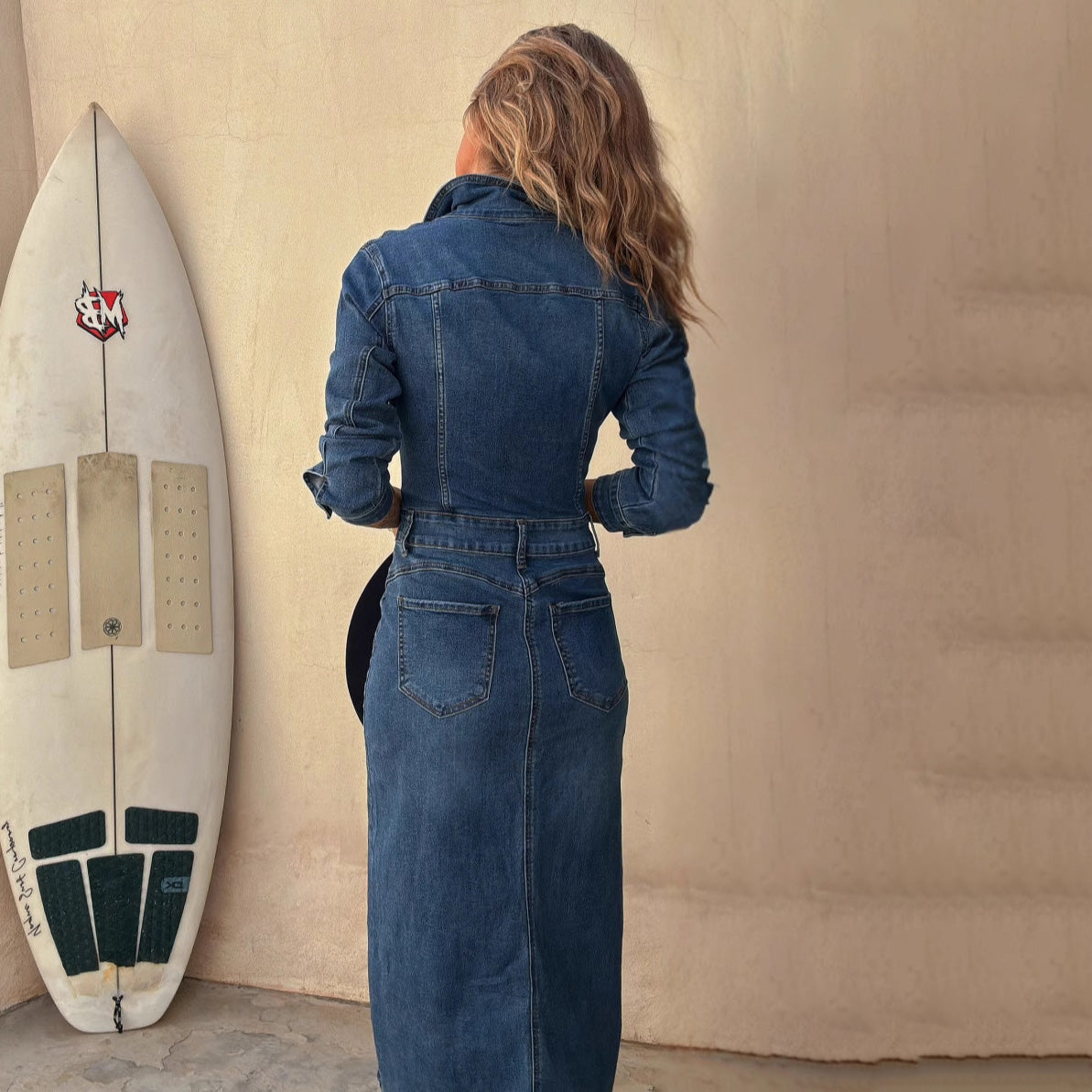 Vestido vaquero informal de manga larga para mujer