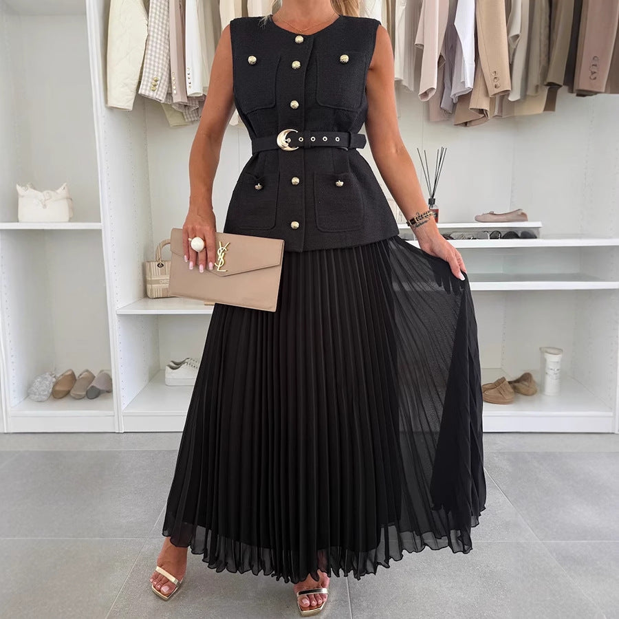 Women Sleeveless Vest and Skirt Two-Piece Set - Polyester Style