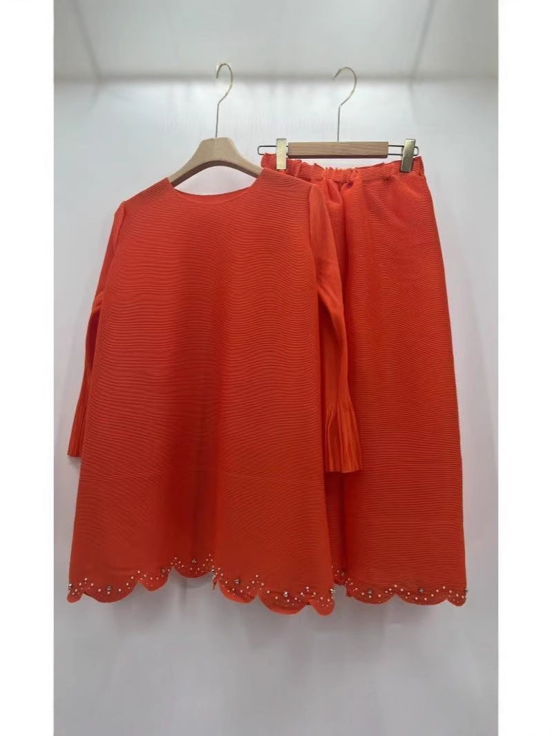 African Women Pleated Solid Color Beaded Casual Set