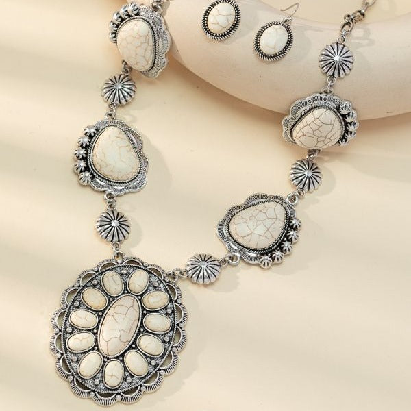 Conjunto de pendientes y collar de turquesa exagerada retro para mujer, joyería de estilo vintage