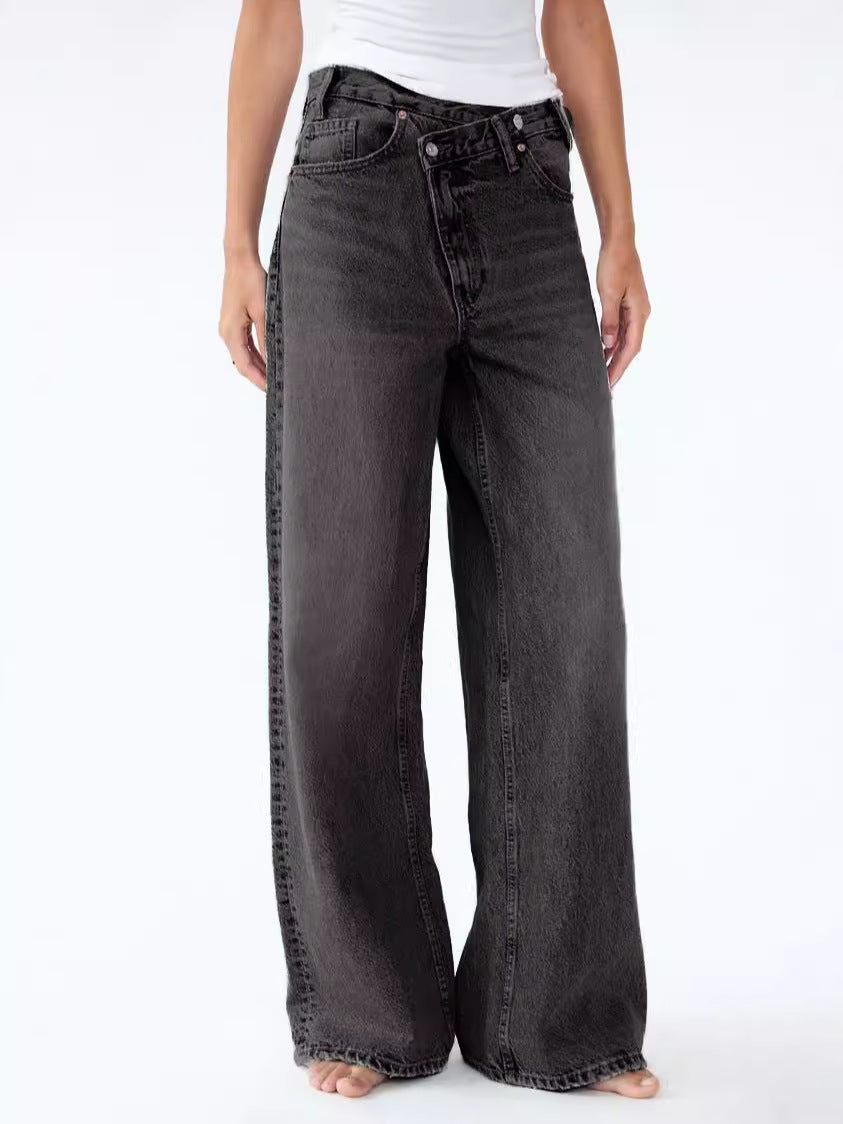 Women Fashion Casual Solid Color Straight Jeans