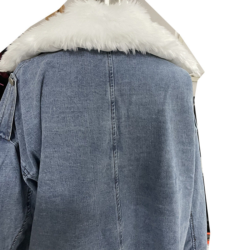 Chaqueta vaquera de invierno con cuello de peluche para mujer - Prenda exterior informal de manga larga