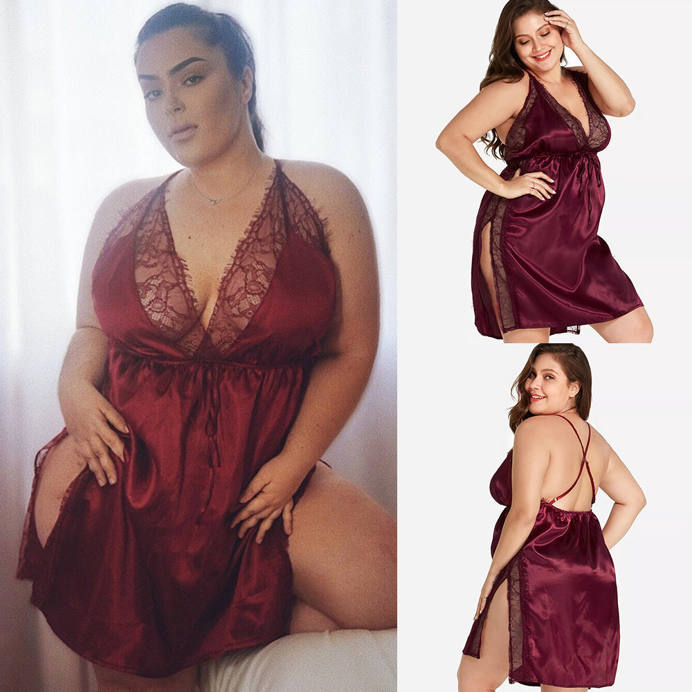 Pyjama sexy en satin à col en V et coutures en dentelle pour femme, grande taille