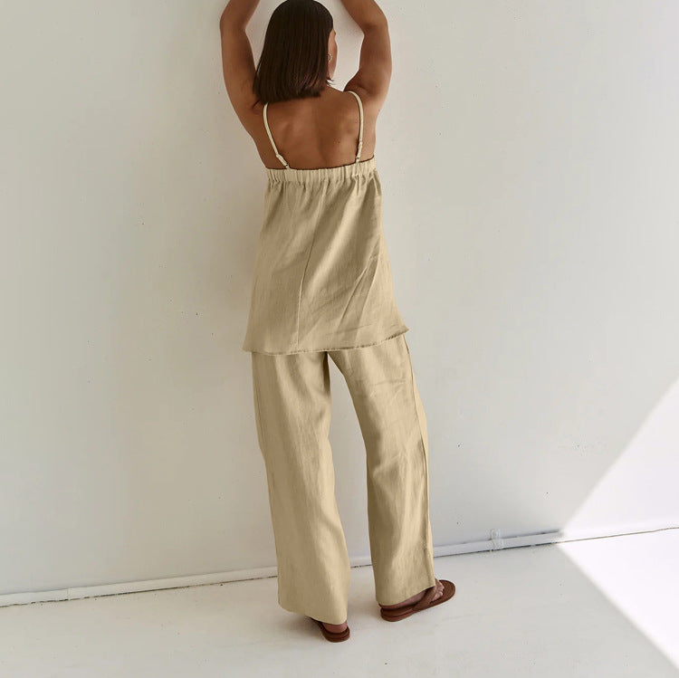 Conjunto de top con tirantes y pierna ancha de color liso a la moda para mujer