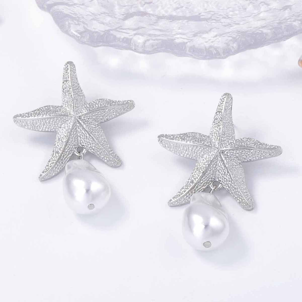 Women Fashion Casual Alloy Starfish Pearl Pendant Earrings