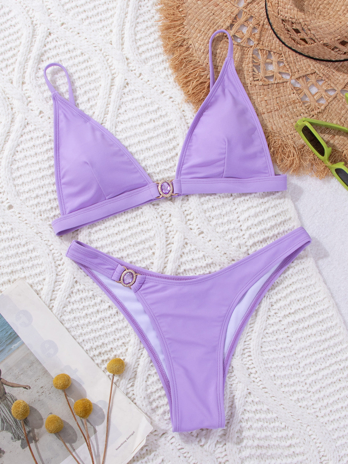 Bikini de mujer con diamantes de imitación de color liso - Morado