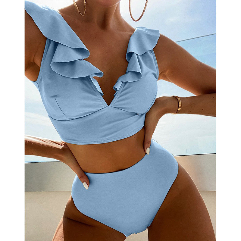Traje de baño bikini con volantes y escote en V de color liso sexy para mujer