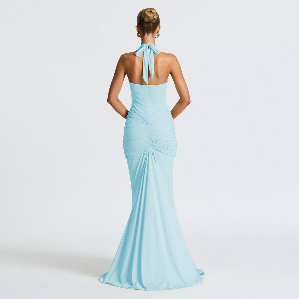 Robe sexy à col licou de couleur unie pour femme