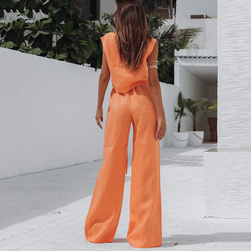 Women Fashion Solid Color Cotton Linen Two-Piece Set