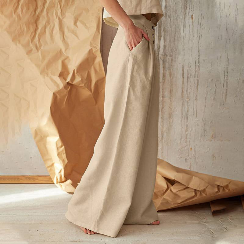 Pantalon large taille haute décontracté de couleur unie pour femme