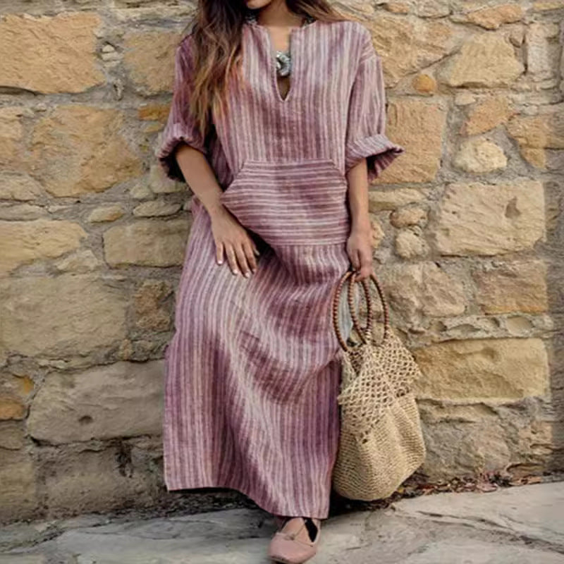Vestido largo informal de lino y algodón de moda de verano para mujer
