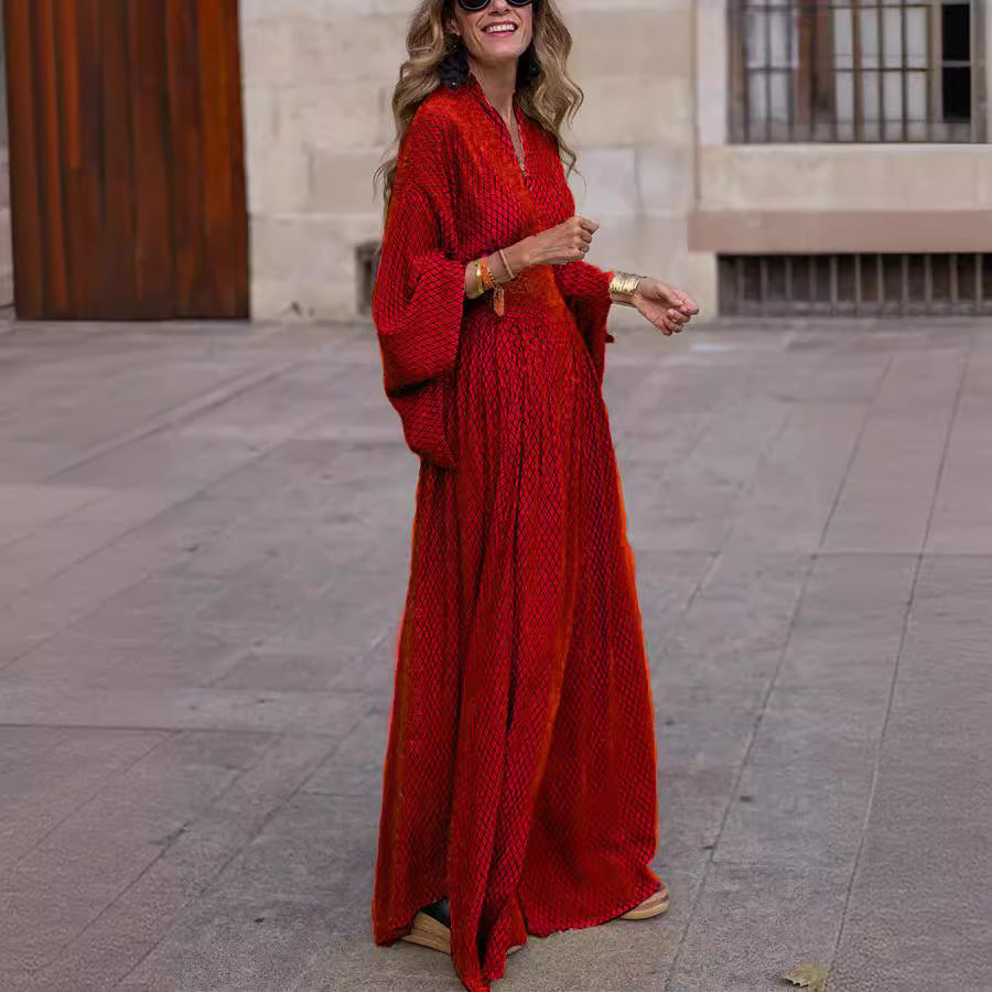 Vestido informal de cuello en V con cuadrícula de color liso a la moda para mujer