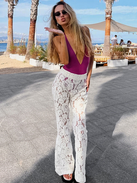 Pantalones acampanados calados de jacquard con encaje sexy a la moda para mujer