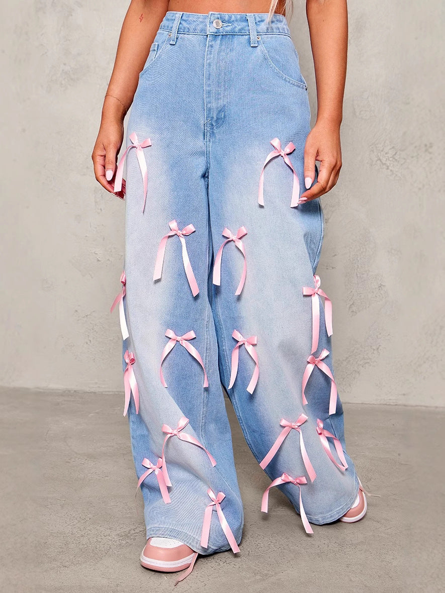 Vaqueros de pierna ancha con lazo suelto y creativo para mujer, estilo urbano de algodón y mezclilla