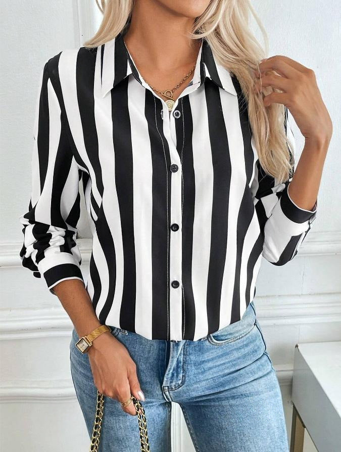 Blusa informal con solapa y estampado de rayas para mujer