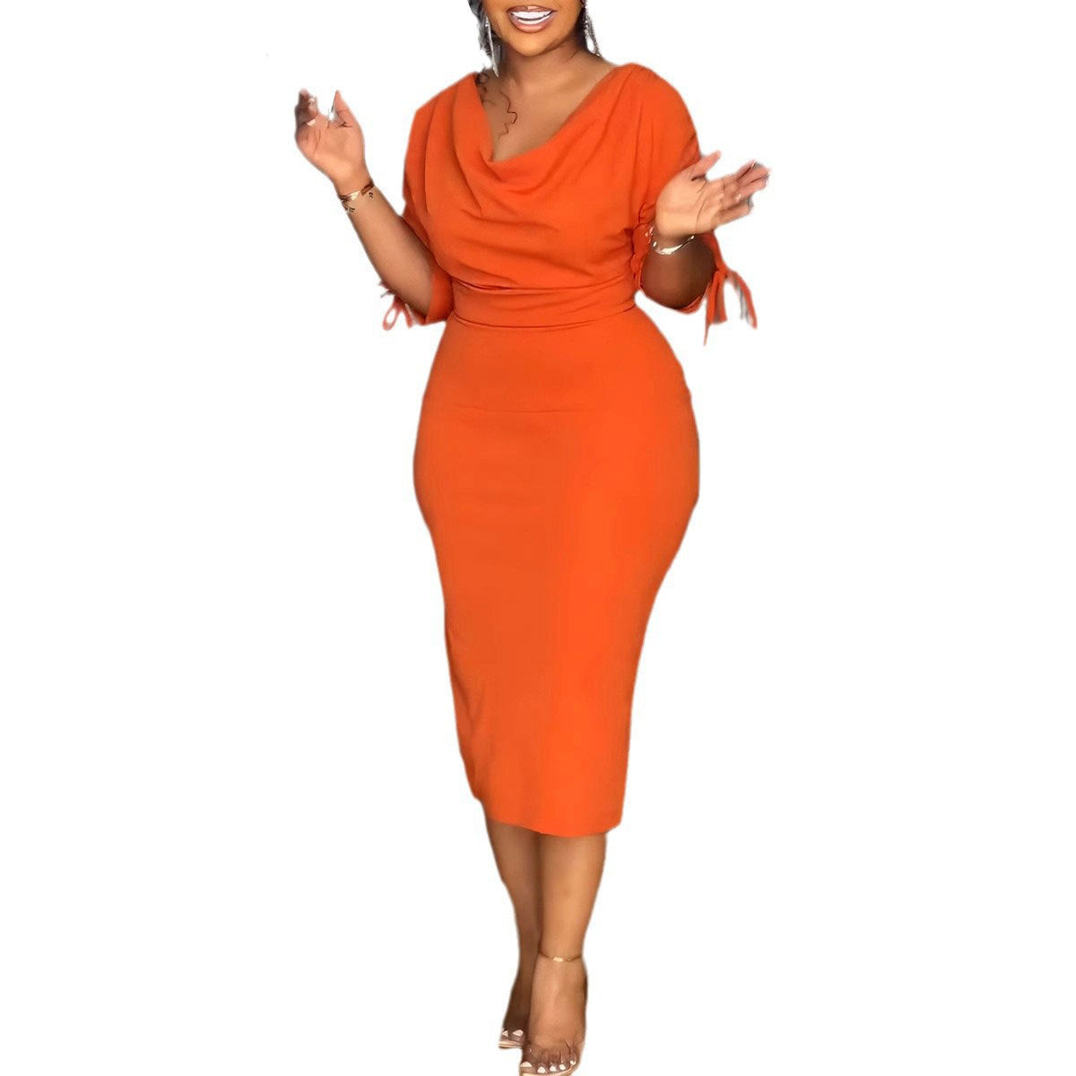 Women Fashion Solid Color Sleeve Drawstring Midi Bodycon Dress