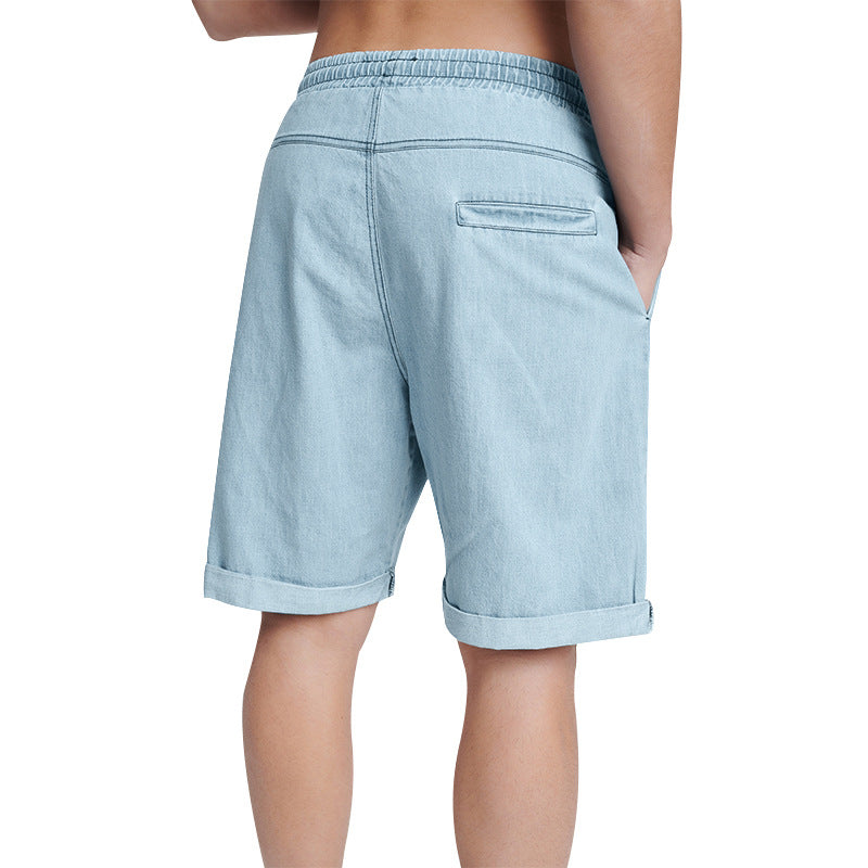 Men Casual Solid Color Drawstring Cotton Denim Shorts
