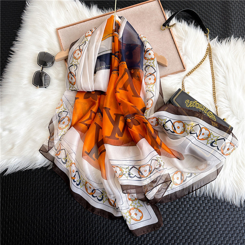 Summer Women Fashion Geometric Leaves Printed Silk Scarf