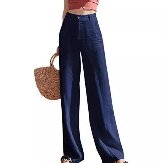 Pantalones casuales holgados de lino de pierna ancha a la moda para mujer