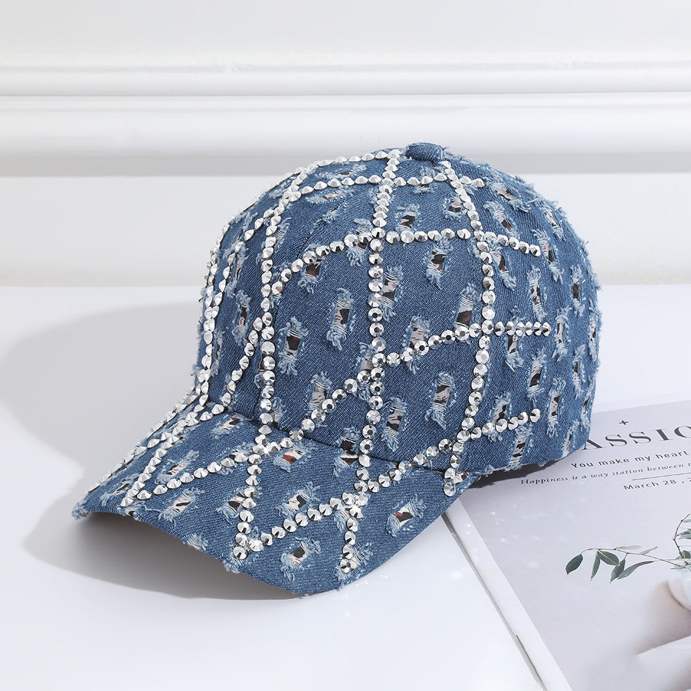 Gorra de béisbol vaquera rasgada con diamantes de imitación para mujer