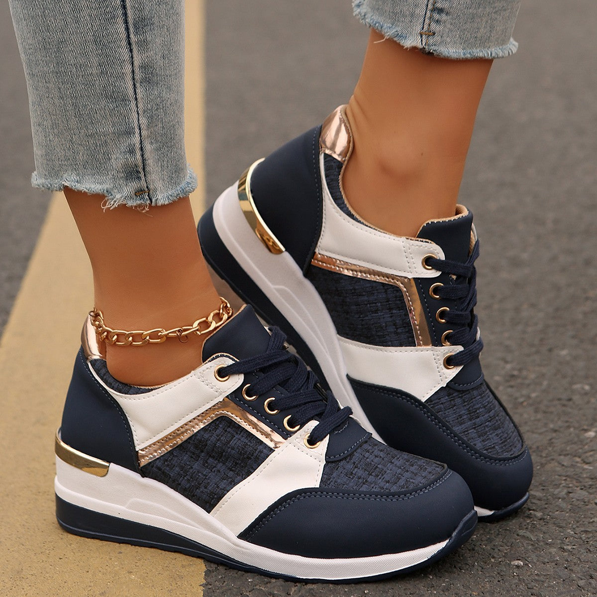 Women Fashion Casual Color Block Platform Sneakers