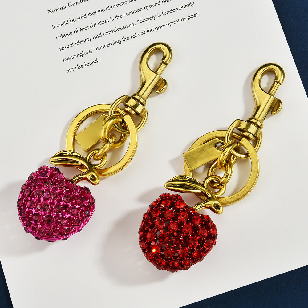 Women Fashion Metal Cute Rhinestone Apple Keychain