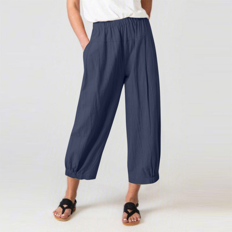 Women Casual Loose High Waist Cotton Linen Cropped Pants