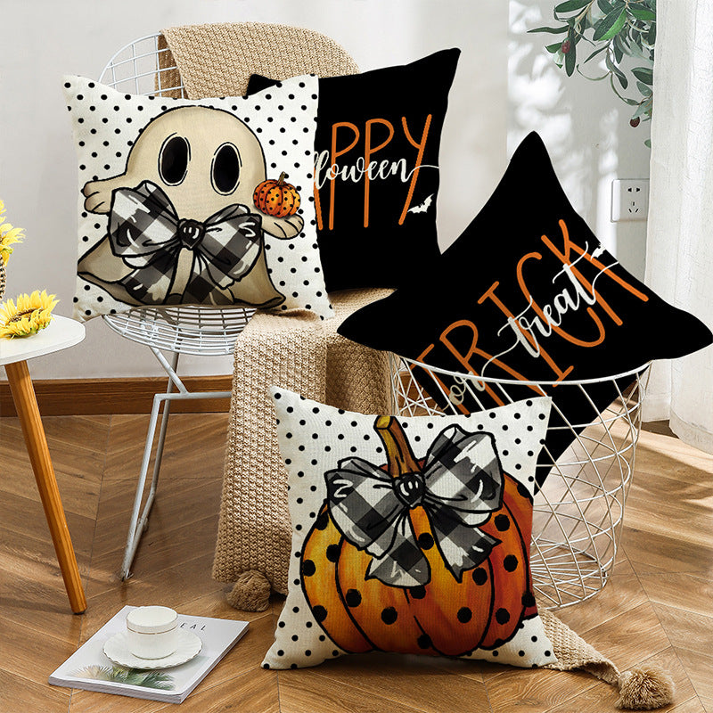 Halloween Cartoon Pumpkin Ghost Linen Sofa Cushion Cover