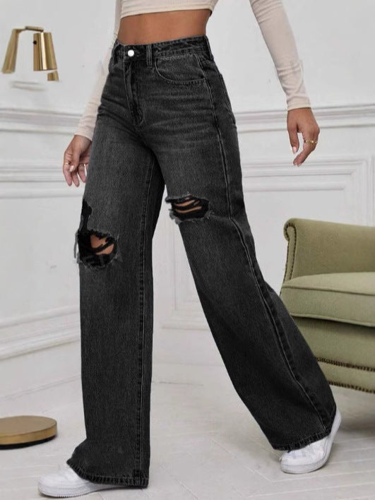 Women Casual Ripped Mid-Waist Wide Leg Jeans