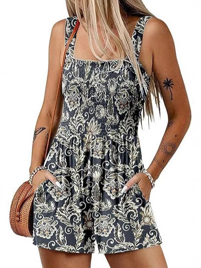 Women Casual Floral Printed Pleated Rompers