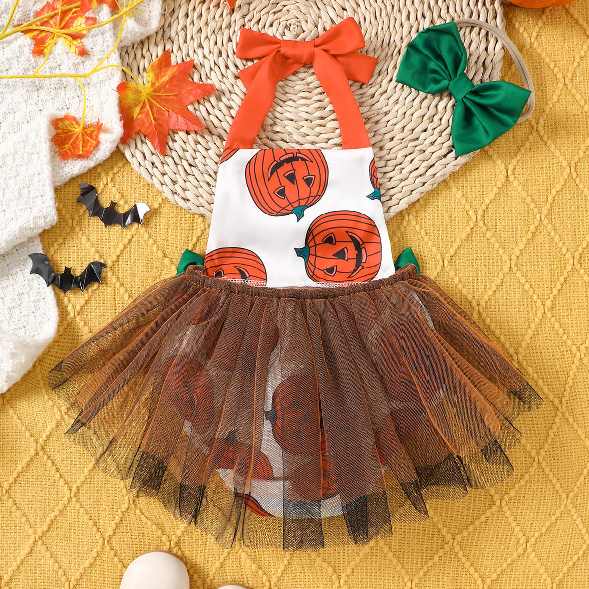 Kids Baby Girls Halloween Pumpkin Mesh Sleeveless Romper