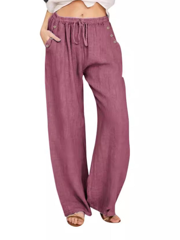 Pantalon décontracté en coton et lin de couleur unie pour femme