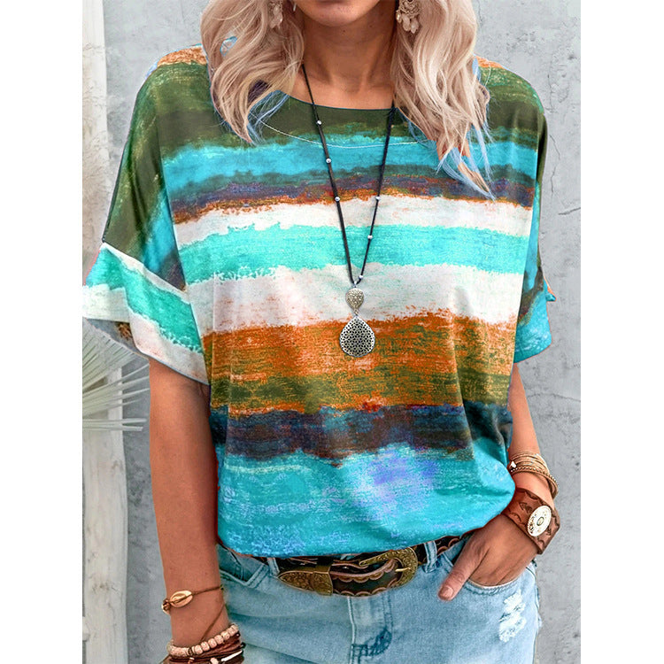 Camiseta informal de manga corta con estampado multicolor de mezcla de algodón para mujer