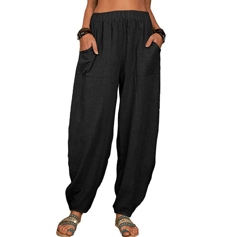 Pantalones harén de lino y algodón informales a la moda para mujer